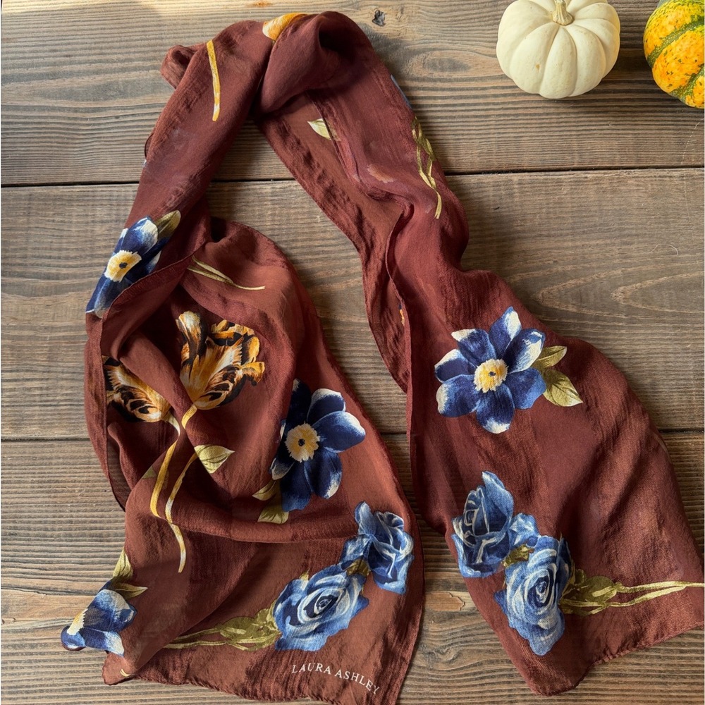 Laura Ashley Brown Silk Long Scarf Blue Floral Rose Sheer Fairy Cottage 14x58